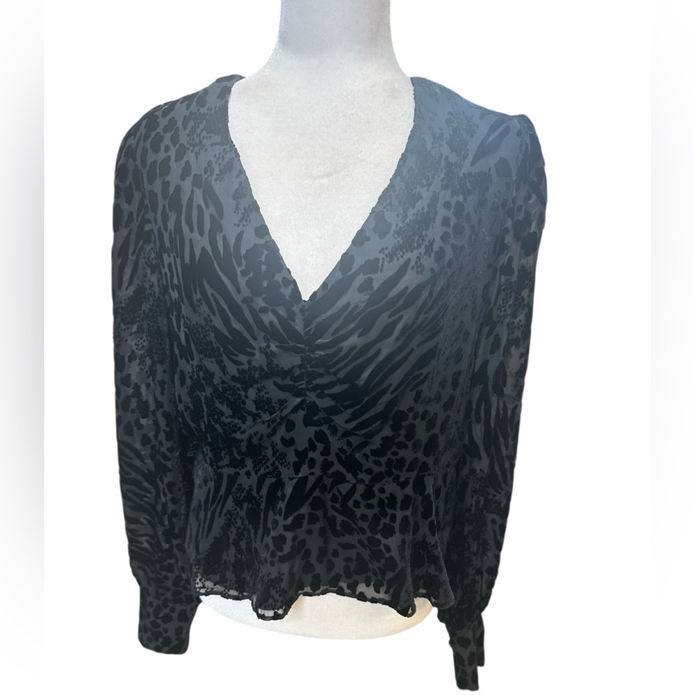 Veronica Beard Giacomo Black Velvet Sheer Leopard Print Blouse